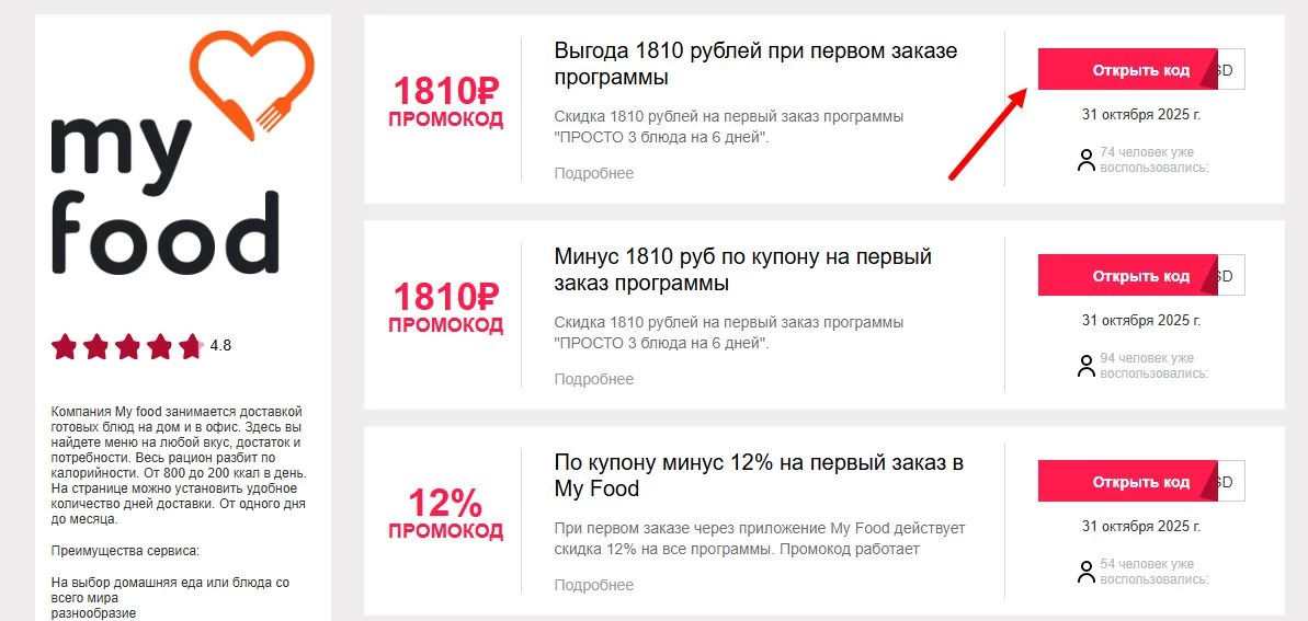 Промокоды My food на скидку